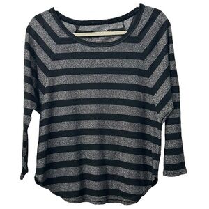 American Eagle Women’s 3/4 Sleeve Black Silver Metallic‎ Striped Top Sz S